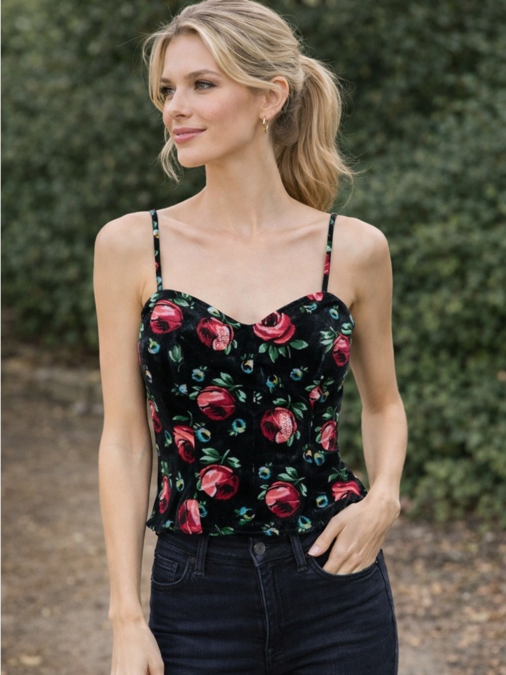 Vintage 90's‎ Esprit Velvet Floral Rose Cami Coquette Top Womens 3/4 Black Red